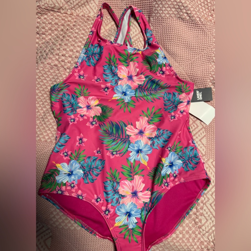 Lands' End Hot Pink Tropical Floral One-Piece Swimsuit